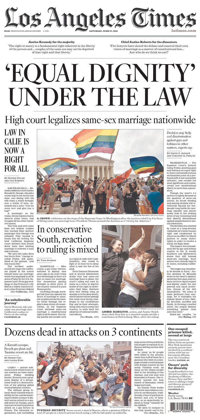 Front Page News Newspapers Nationwide Cover Freedom To Marry Ruling