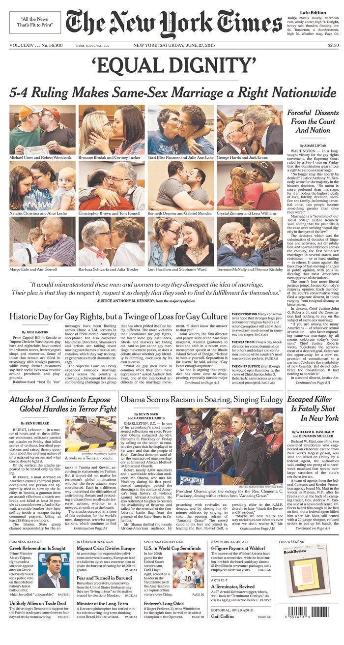 Front Page News Newspapers Nationwide Cover Freedom To Marry Ruling Freedom To Marry