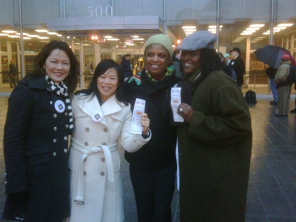 Two couples waiting in line to apply for a marriage license in DC.